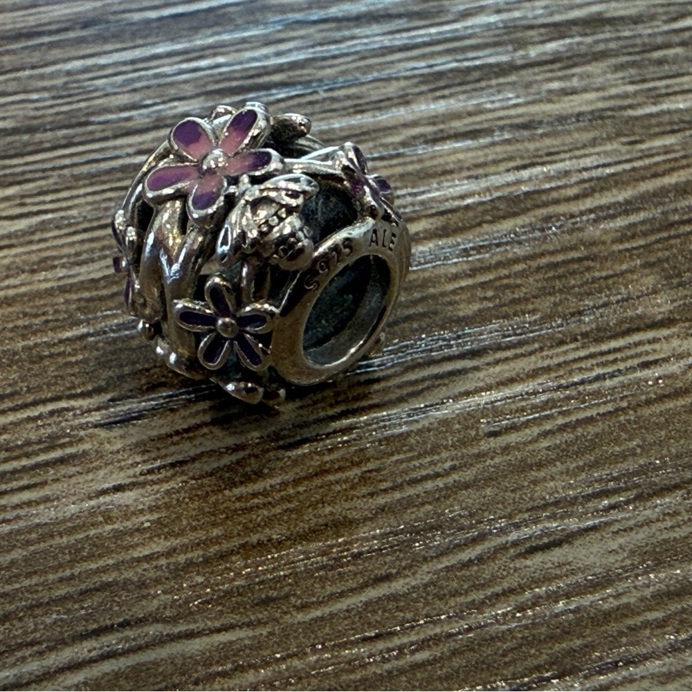 Authentic Pandora Moments 925 Sterling Silver Openwork Purple Daisy Bead Charm